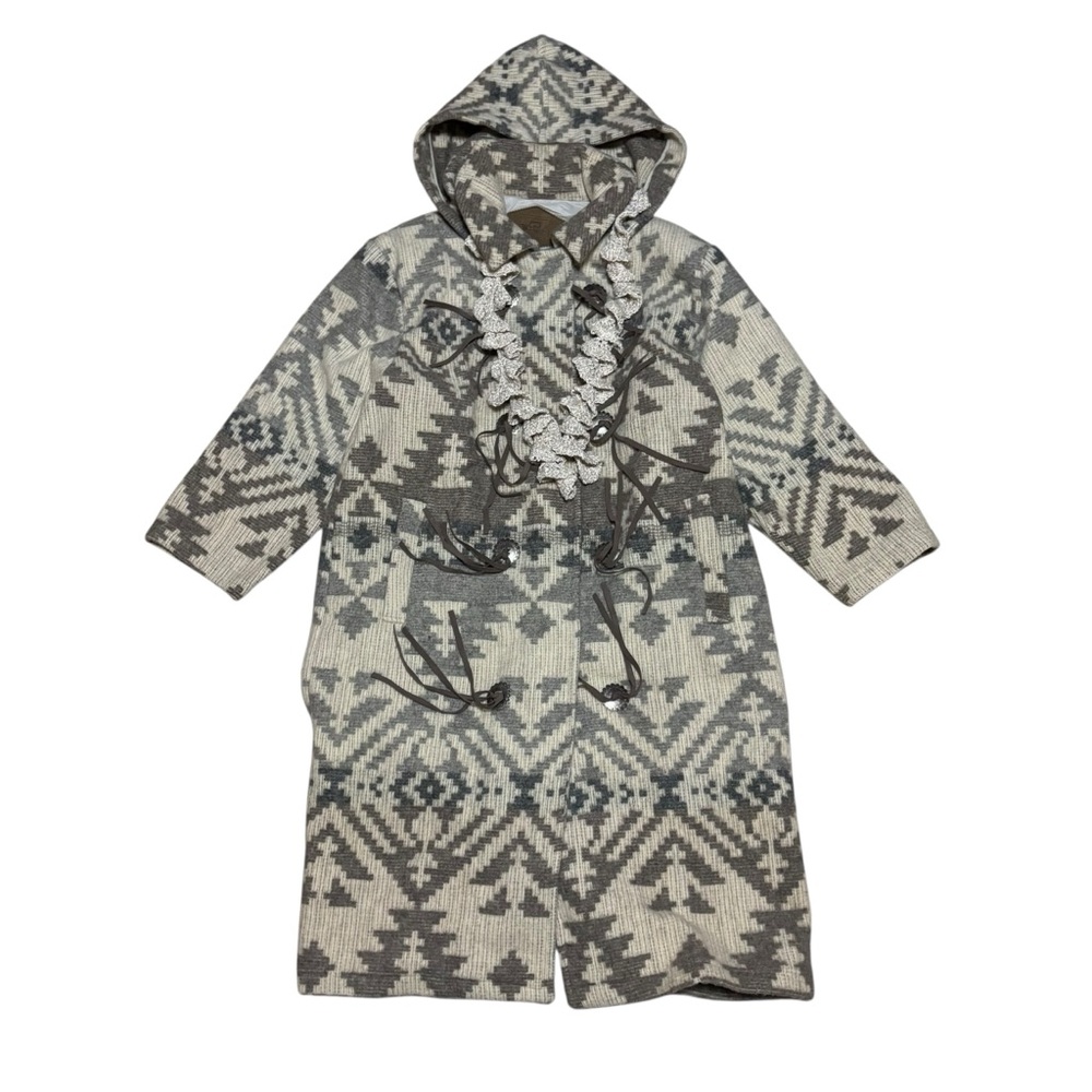 VTG WOOLRICH Aztec Tribal Western Duster Trench Coat Unisex Size Large In Beige - Picture 2 of 9